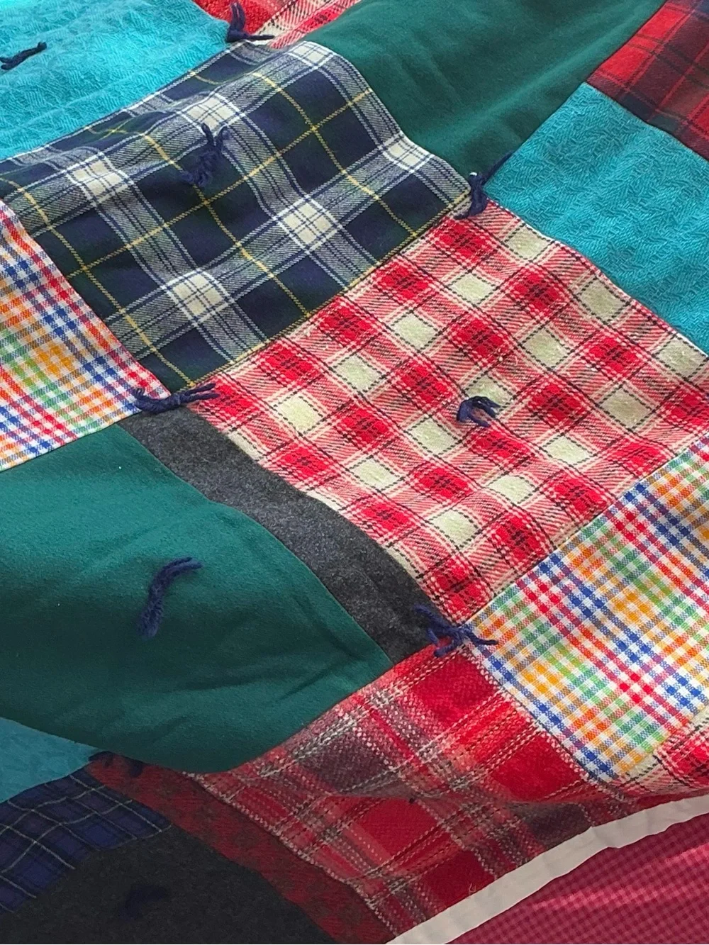 Vintage handmade patchwork quilt yarn tied plaid blanket with skirt 82x70